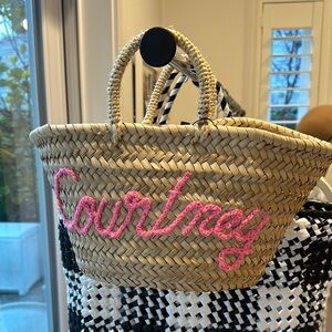 Pink Embroidered Straw Tote Bag